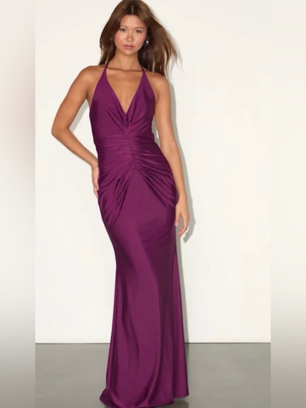 Lulus NWT Zuniya Plum Purple Ruched Backless Halter Maxi M